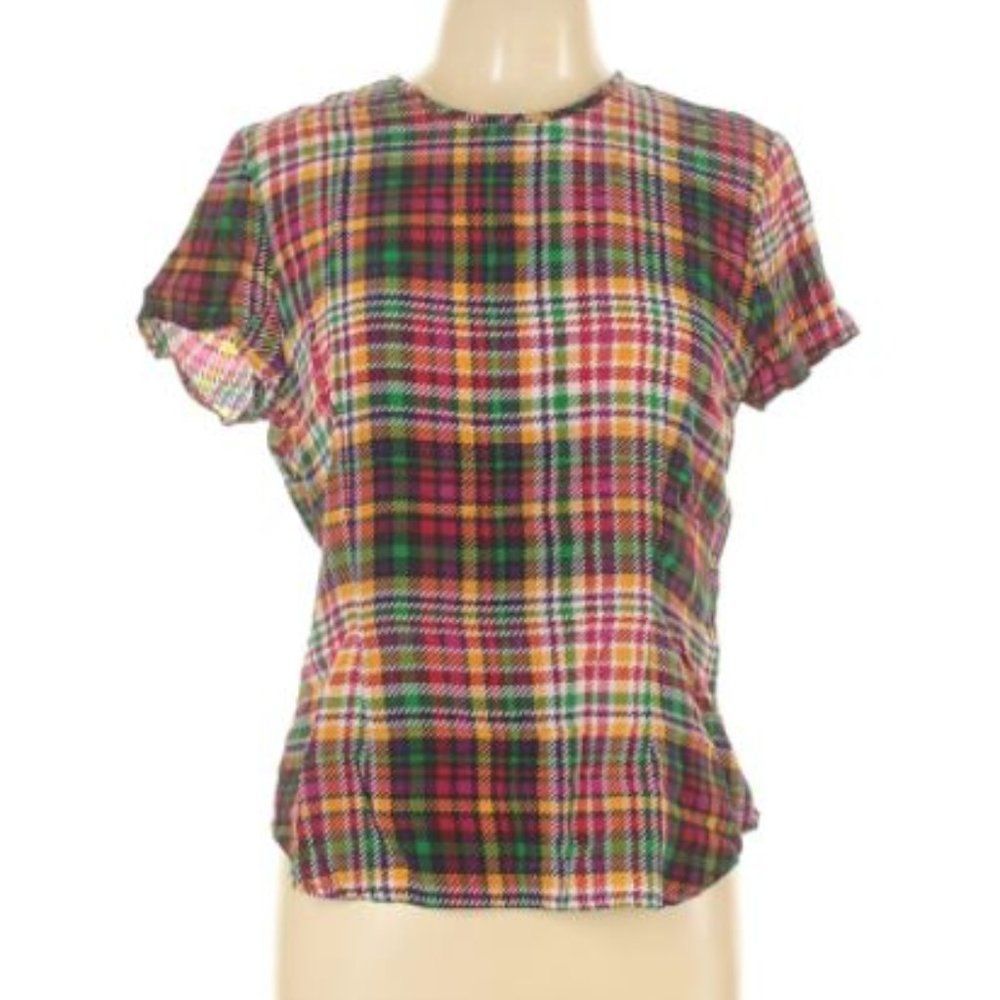 Silk Plaid Short Sleeve 100% Silk Top